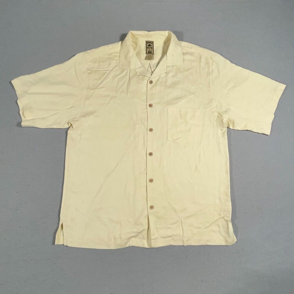 Montego Mon Men’s Size Large‎ 100% Silk Tropical Yellow Hawaiian Camp Shirt